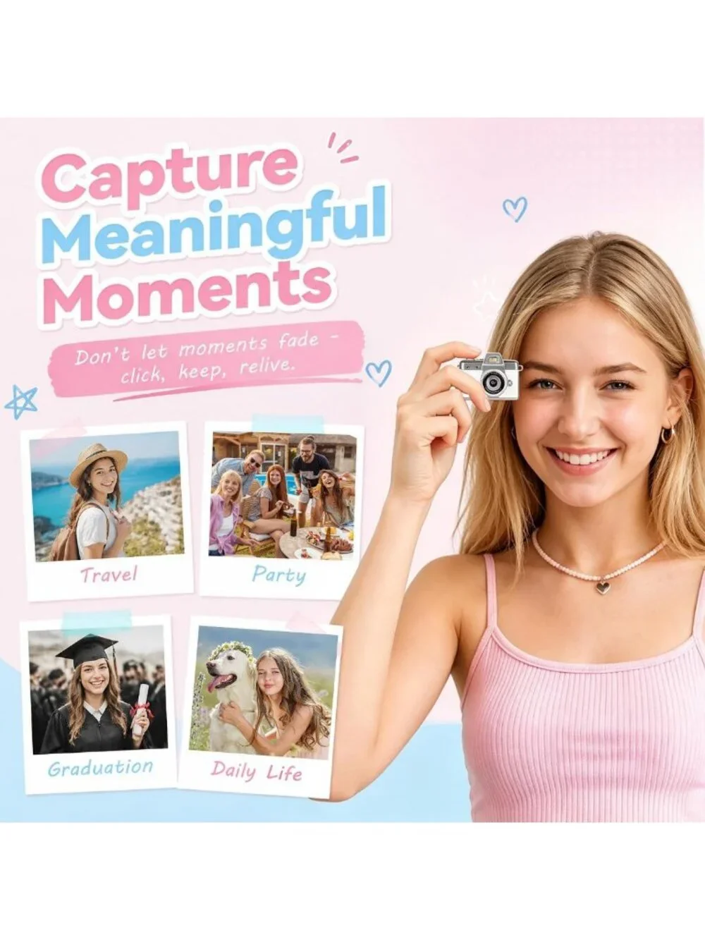 Compact Mini Flip Screen Digital Camera, 1080P Video, USB-C, Retro Pocket Size